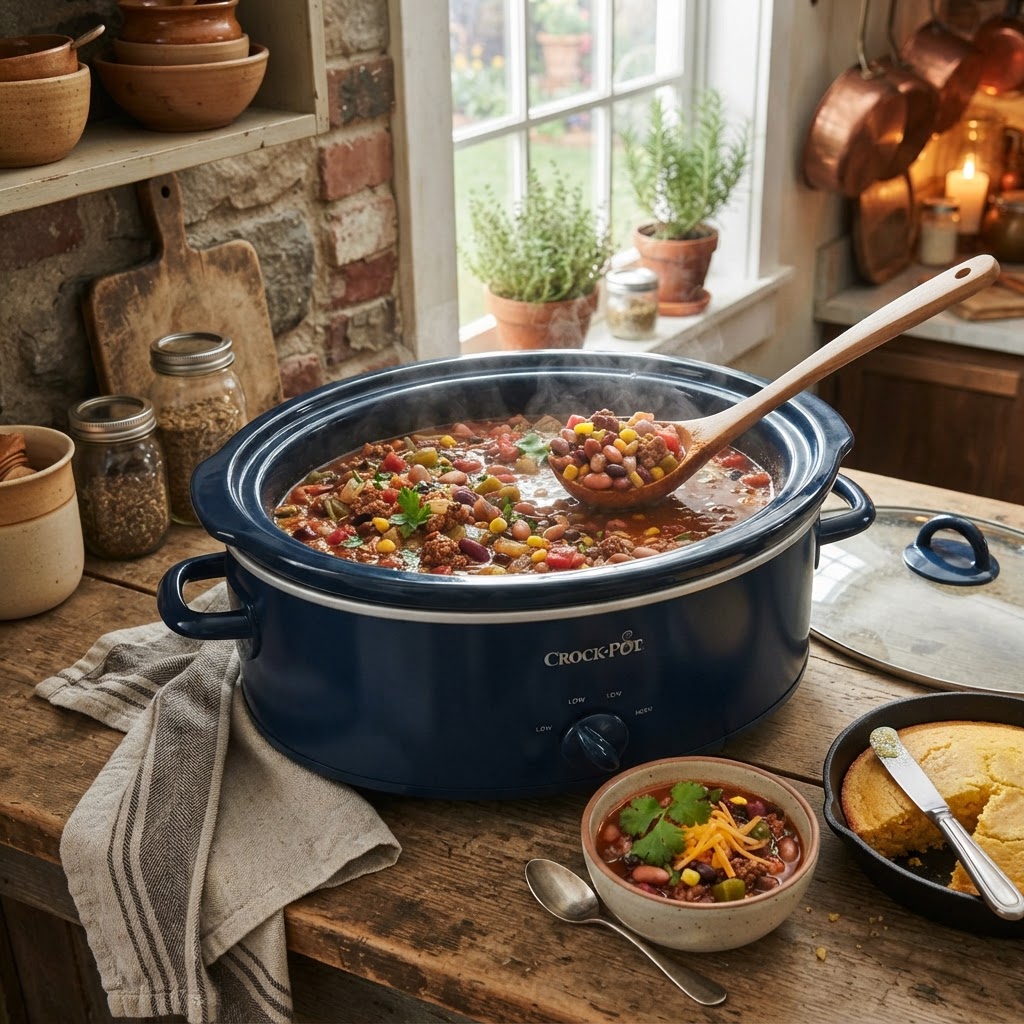 The finished Cowboy Soup simmering perfectly in the crockpot.