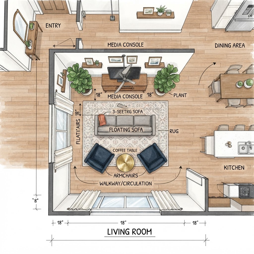 Floating furniture away from walls creates better flow in tight spaces.