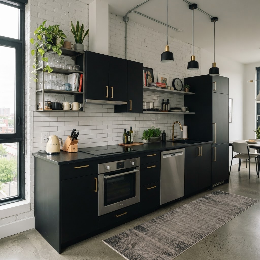 Industrial-style kitchen perfect for modern urban rentals.