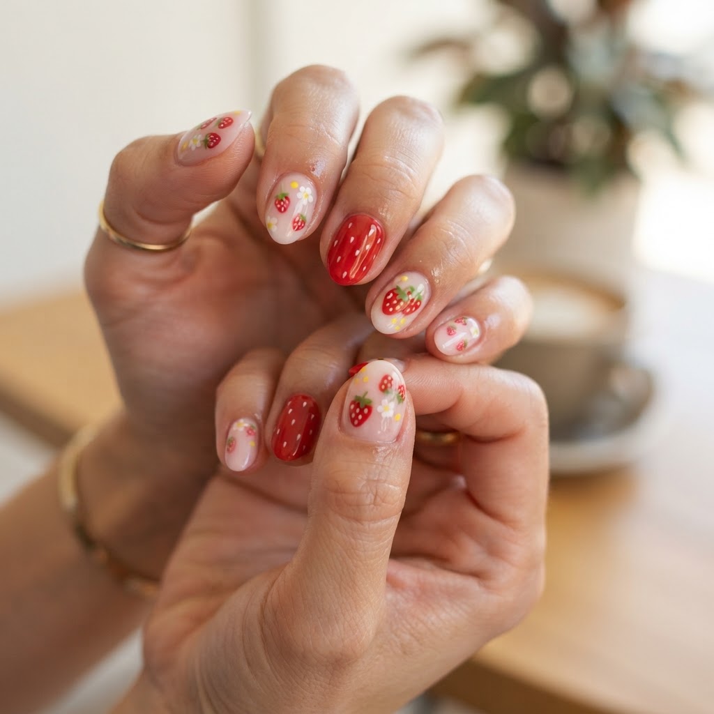 Chic and realistic application of strawberry press-ons.
