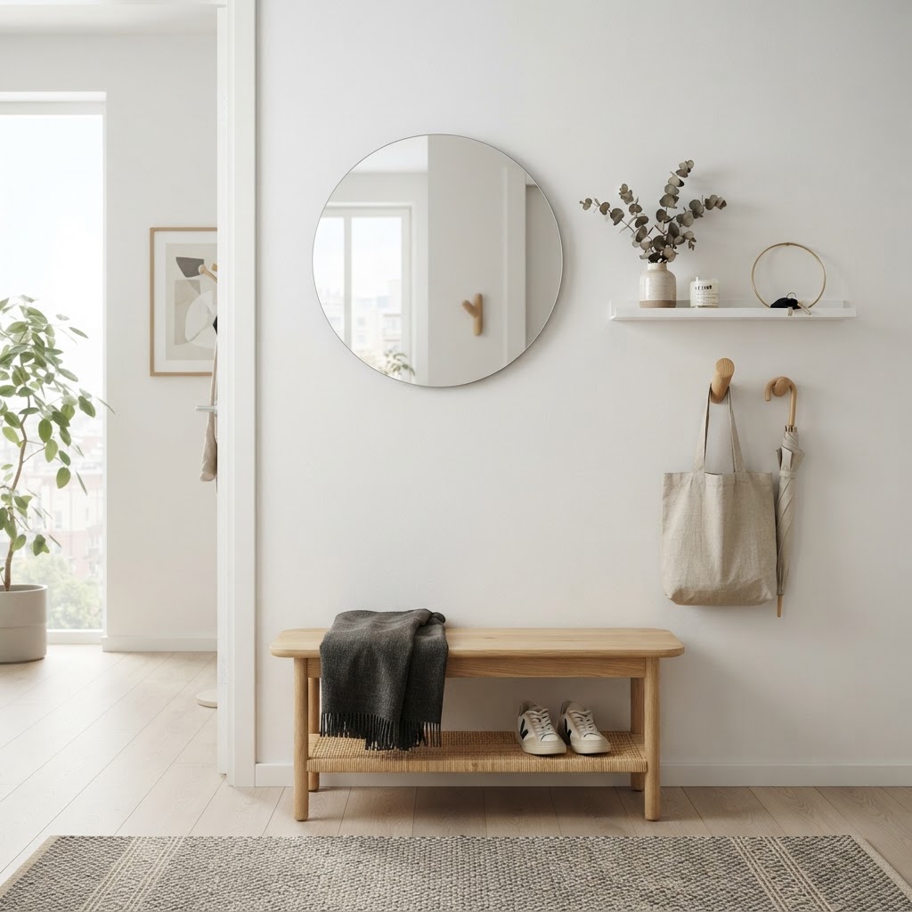 A slim floating shelf keeps the floor clear in a tiny apartment entry.