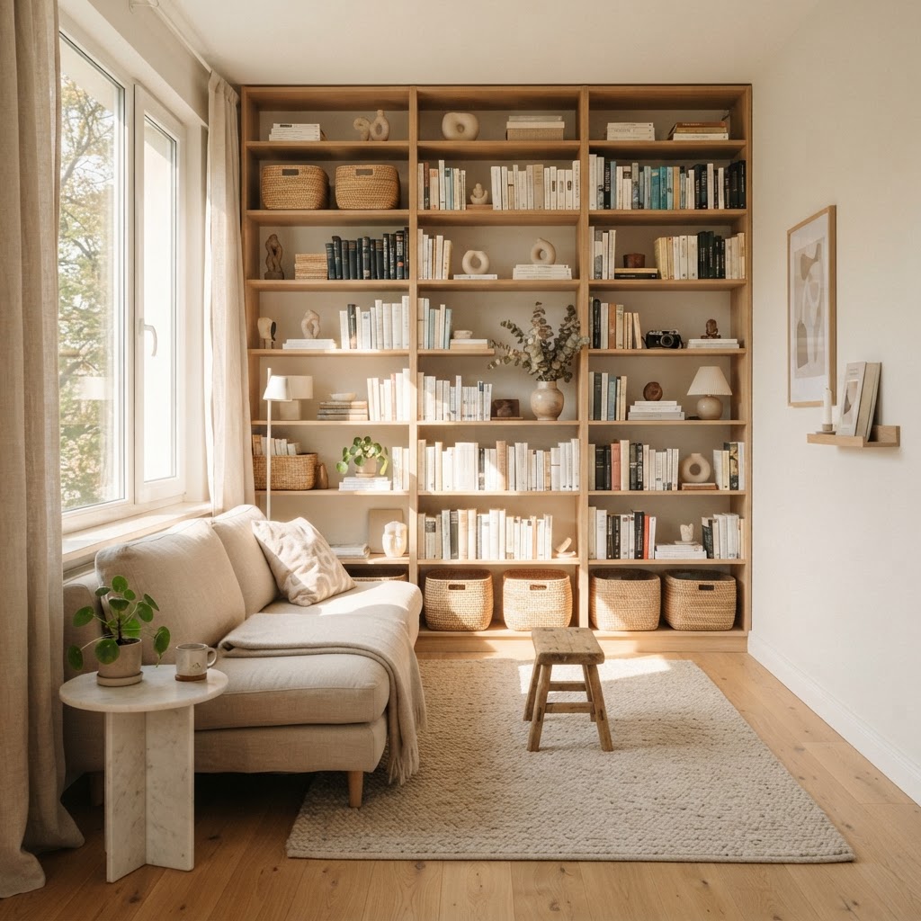 Utilize floor-to-ceiling shelving to maximize vertical storage in a tiny apartment.