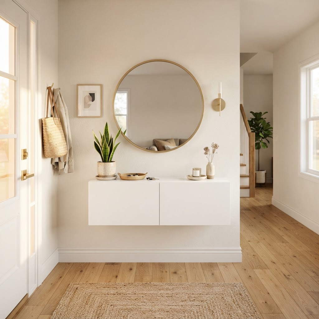 A floating console keeps the floor clear while a large mirror expands the sense of space.