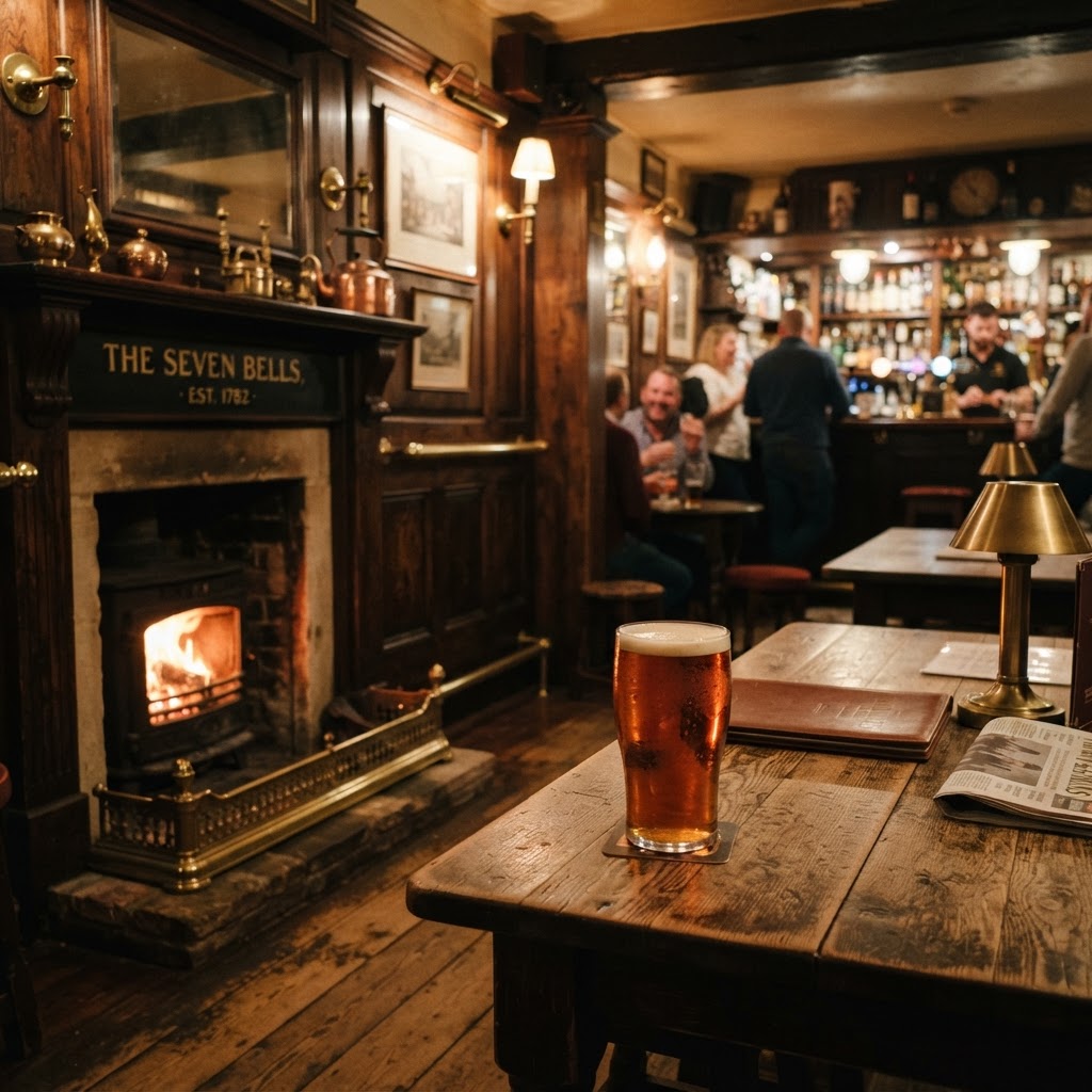 Finding warmth by the fire in a historic London pub.