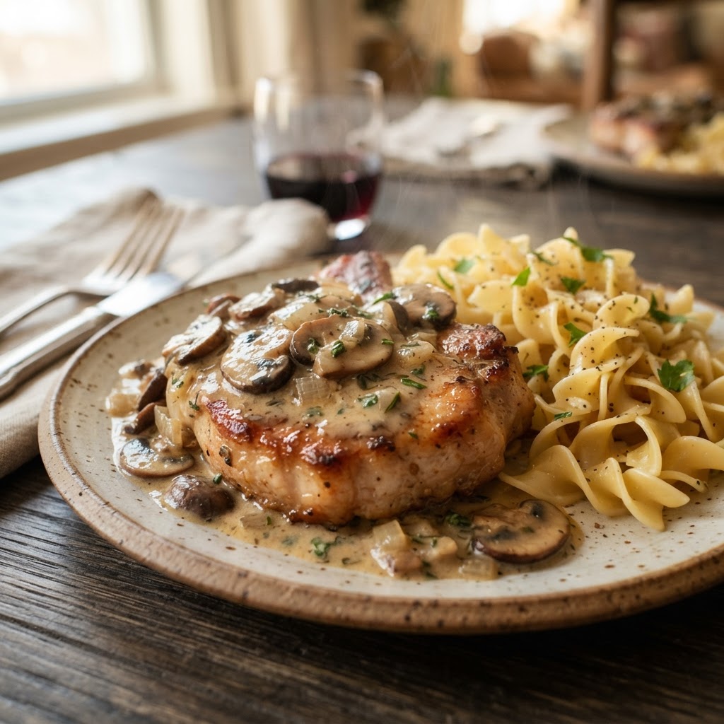 A perfect serving of slow cooker pork chops over buttery egg noodles.