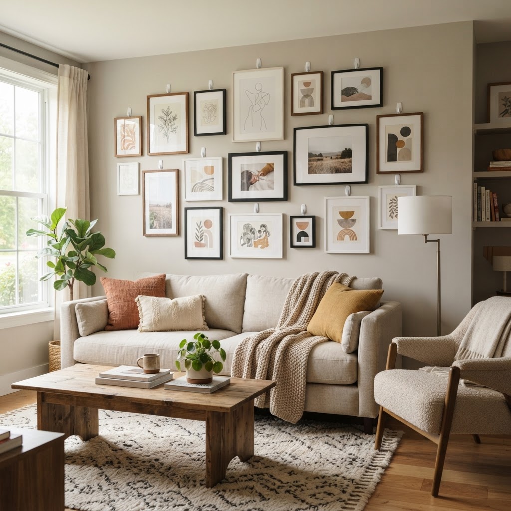 Adhesive hooks allow for damage-free gallery walls.