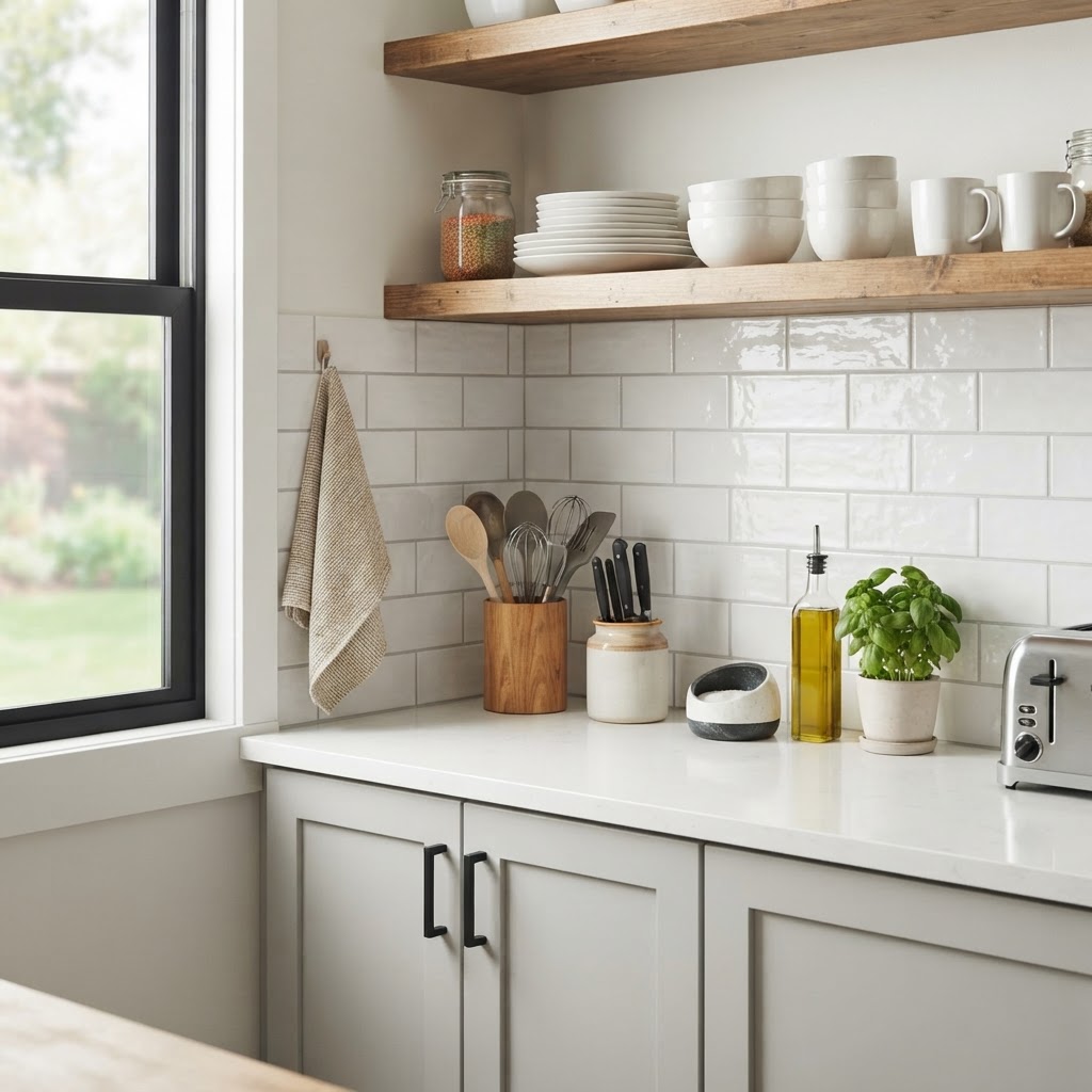 Peel-and-stick tiles instantly modernize a dated kitchen backsplash.