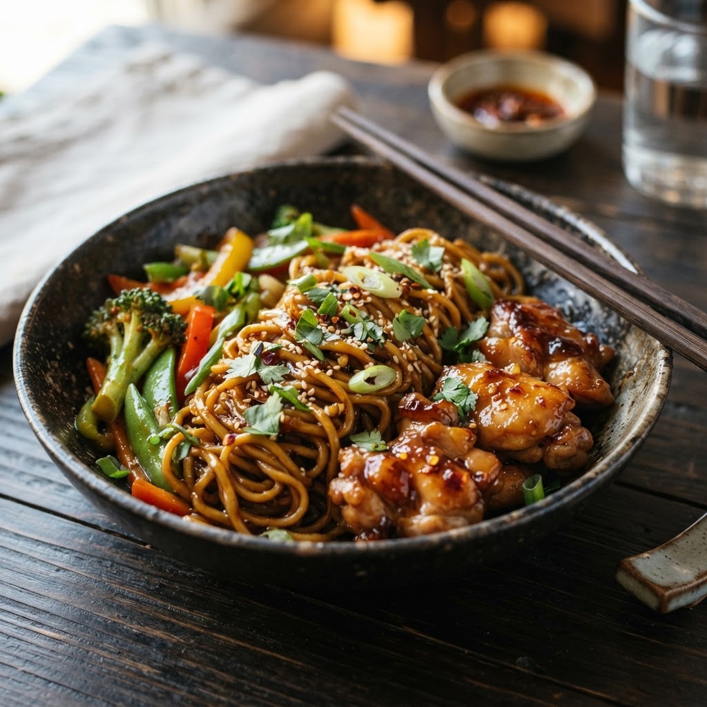 Close-up of the delicious honey garlic glazed chicken and noodles.