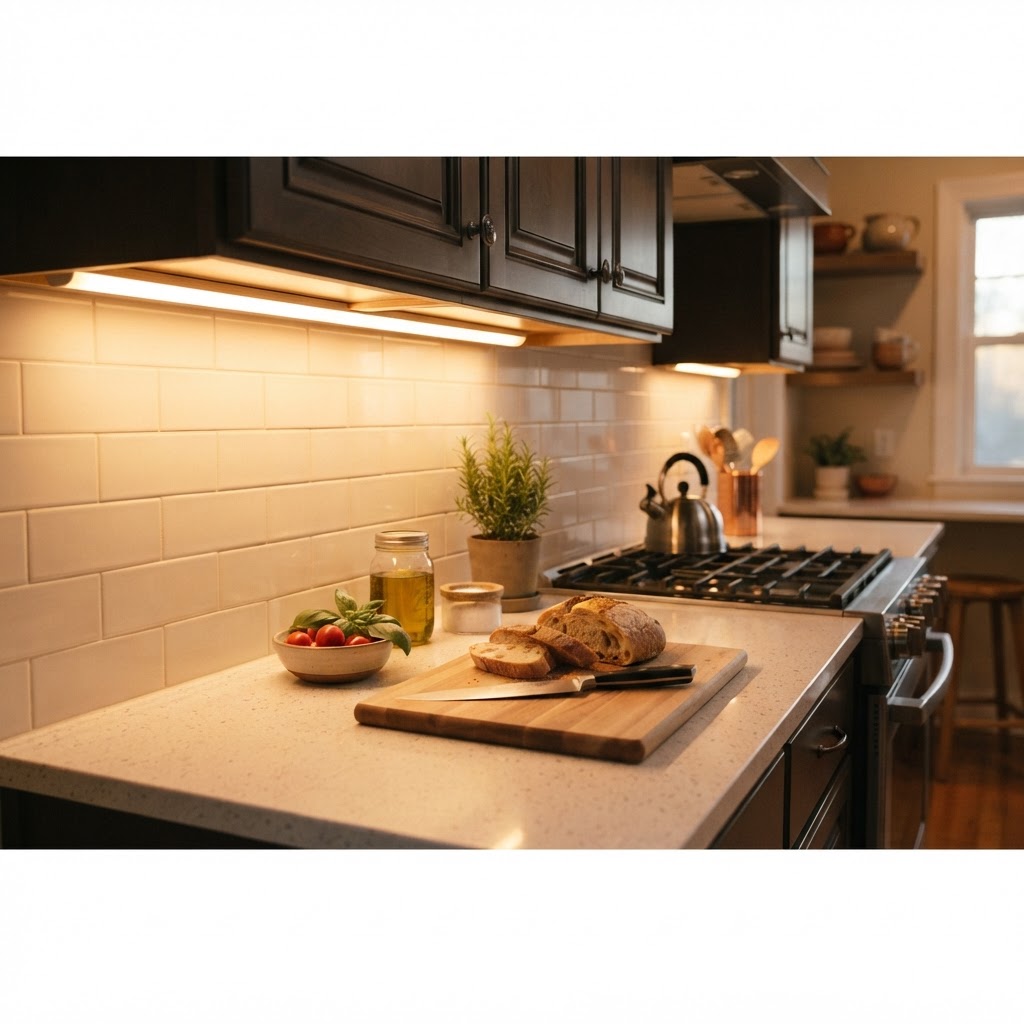 Under-cabinet lighting adds both functionality and a sophisticated ambiance to any kitchen.