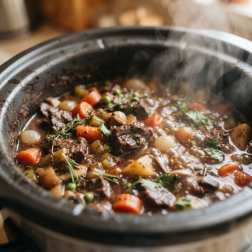 Rich, simmering beef stew cooking slowly.