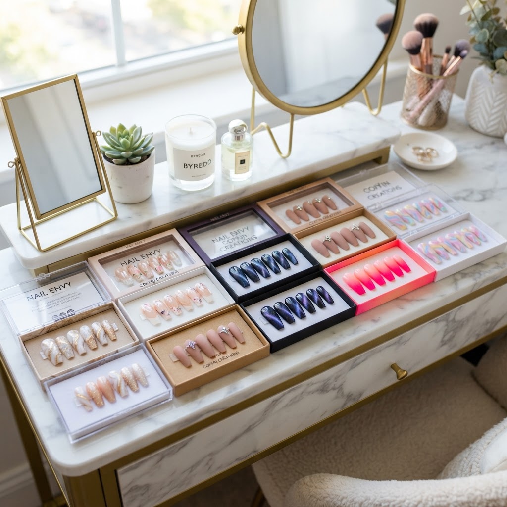 A variety of trendy press-on nail designs.
