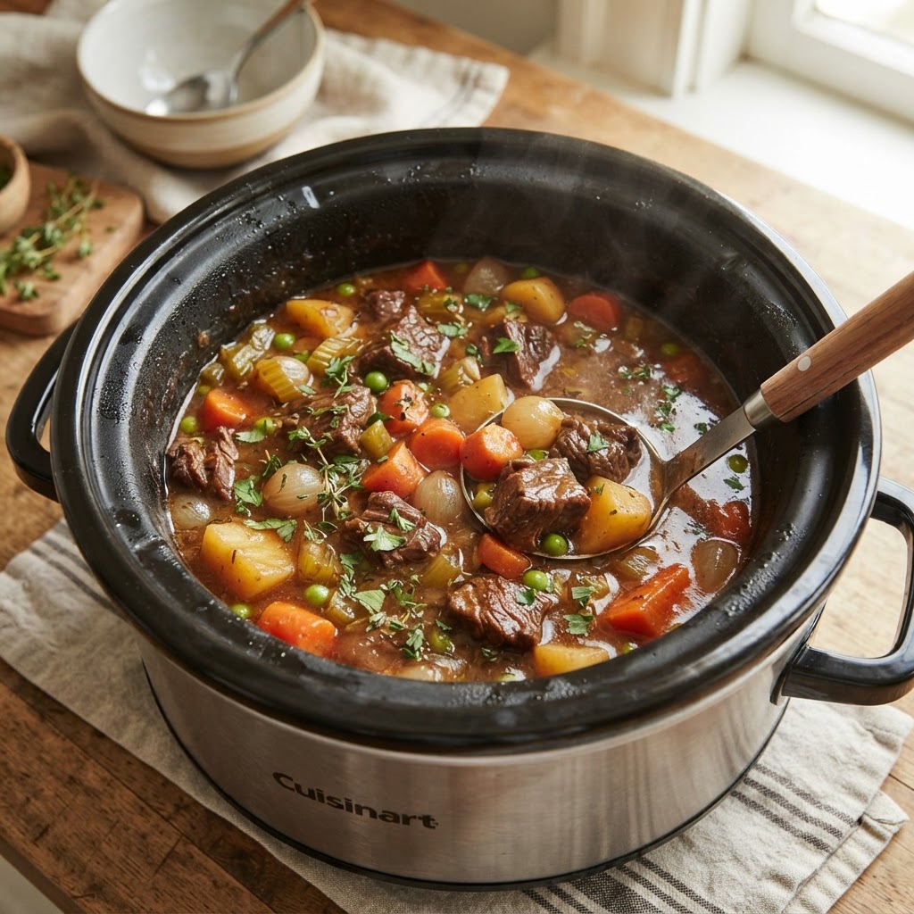 Rich and hearty beef stew fresh out of the slow cooker.