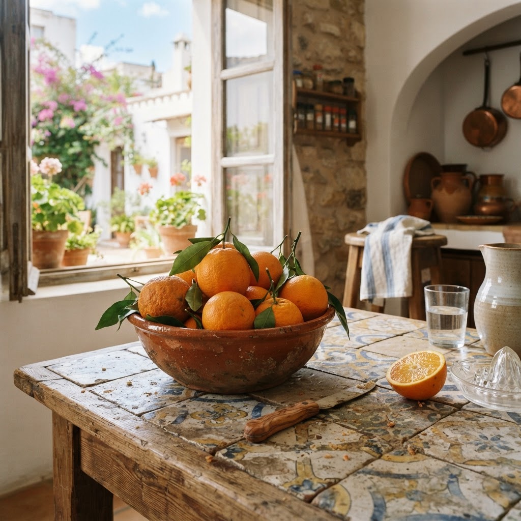 A simple, elegant display of Seville oranges on a tiled surface.