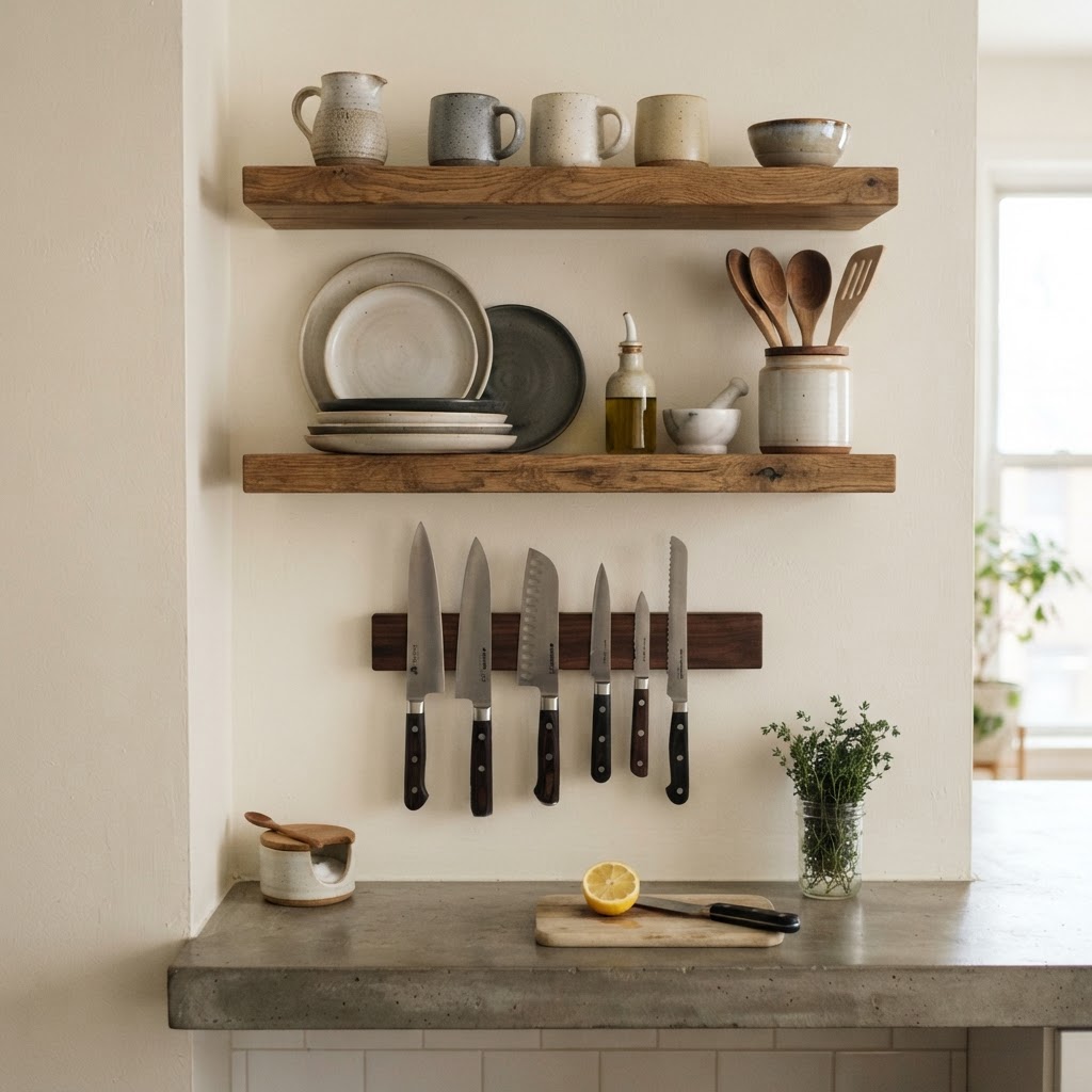 Utilize vertical storage to keep countertops clear and spacious.
