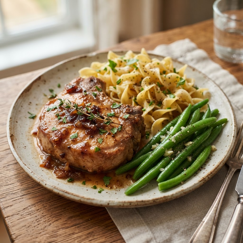 A balanced dinner with tender pork and egg noodles.