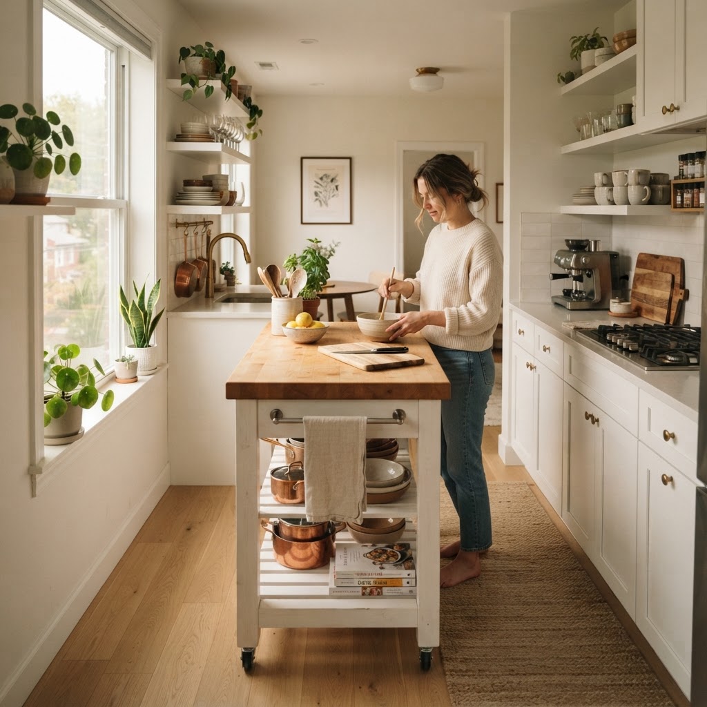 A mobile island adds extra prep space where you need it most.