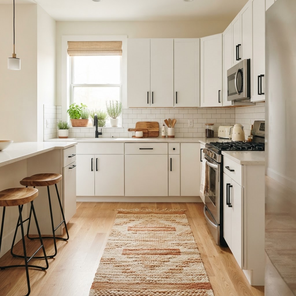 A refreshed rental kitchen featuring modern hardware and a faux-tile backsplash.
