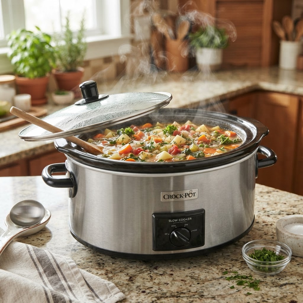A slow cooker filled with a hearty and healthy vegetable soup.