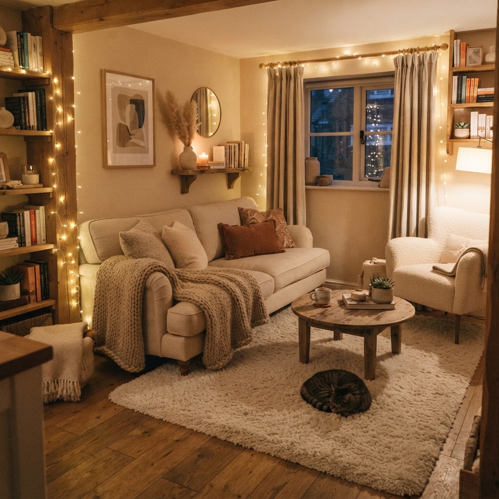 Layering textures is key to a cozy atmosphere.
