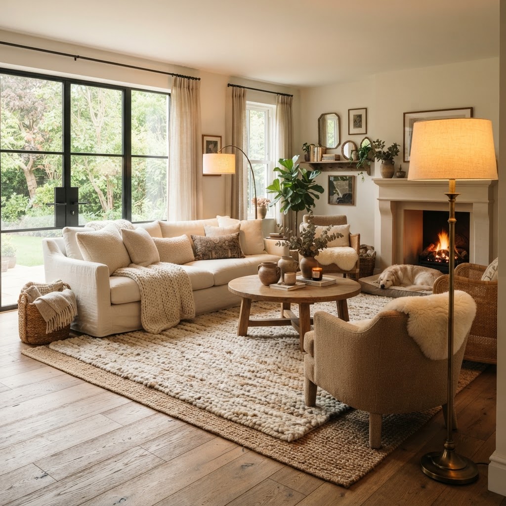 Layering textures like rugs and lamps can immediately warm up a sterile rental.