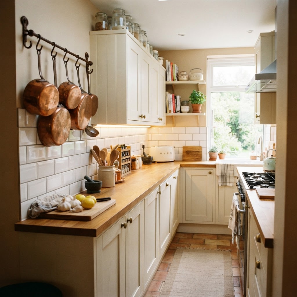 Strategic task lighting enhances the functionality of small galley kitchens.