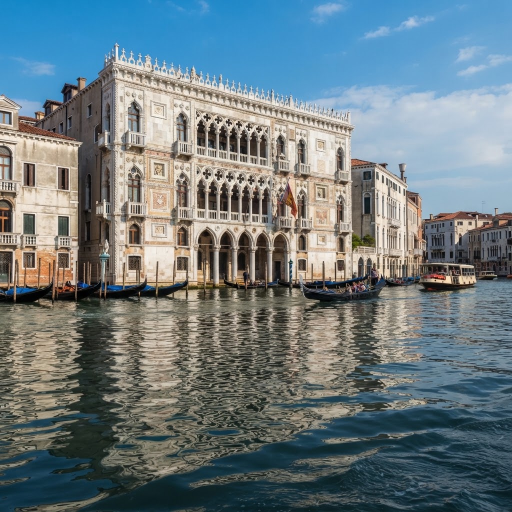 Details of historic Venetian Gothic architecture lining the water.