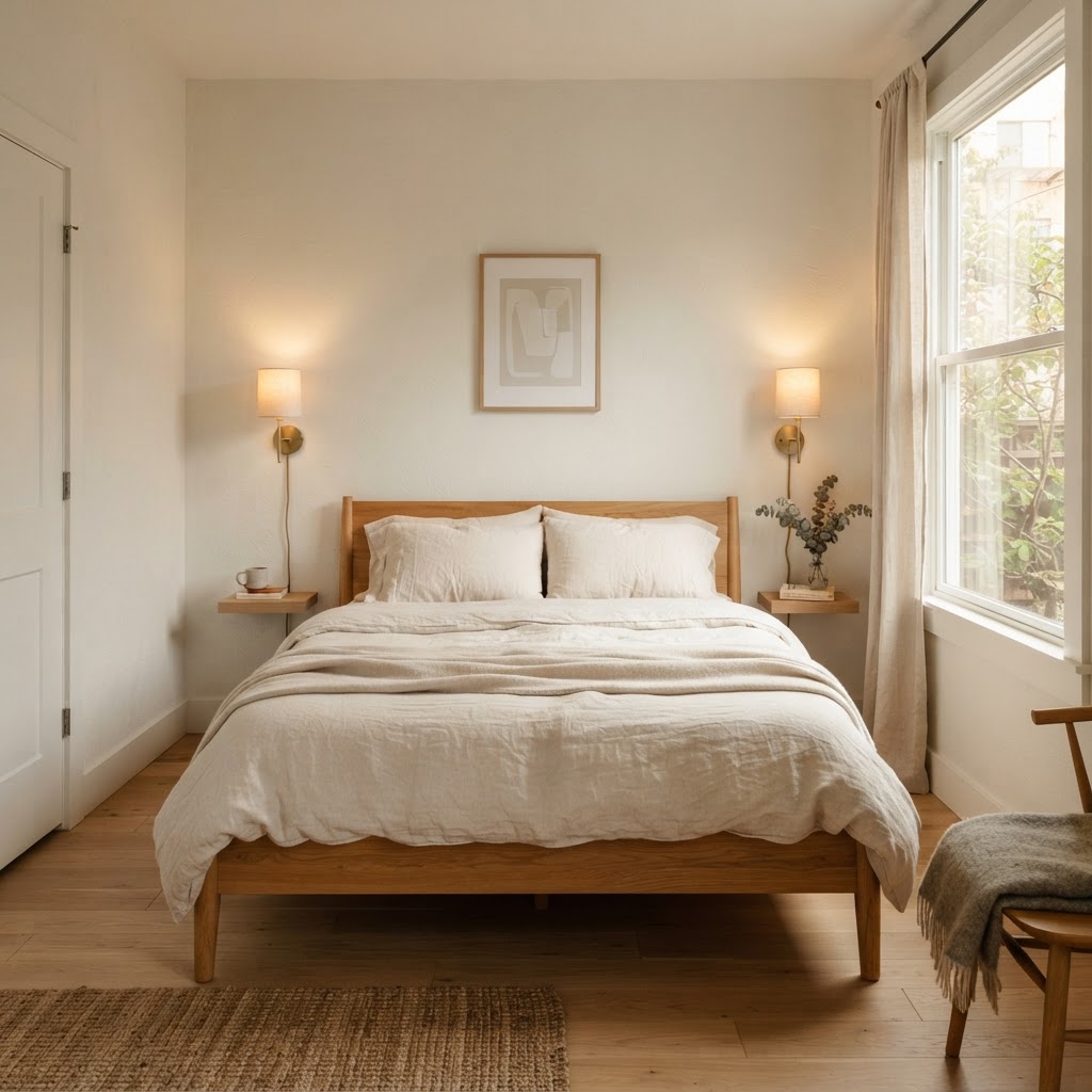 A perfectly centered bed layout maximizes space and creates a balanced look.