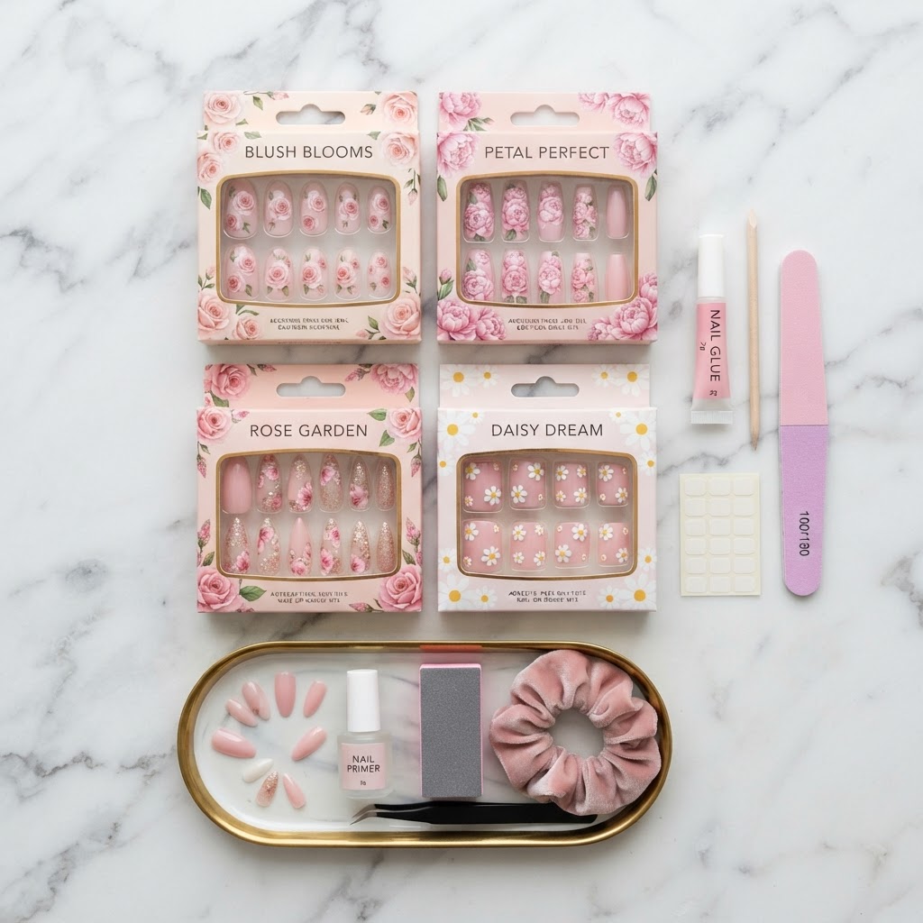 The complete kit for achieving a professional manicure at home.