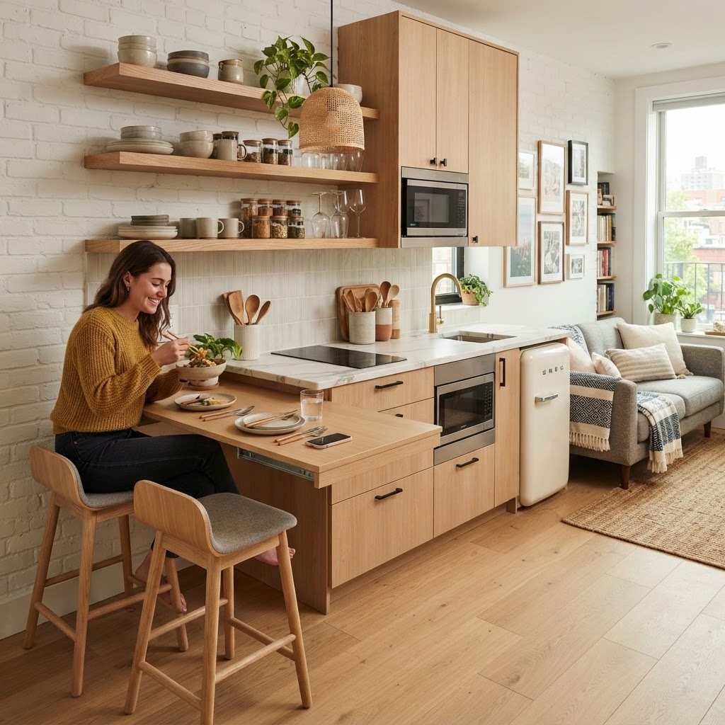 Efficient, compact kitchen design with integrated dining space.