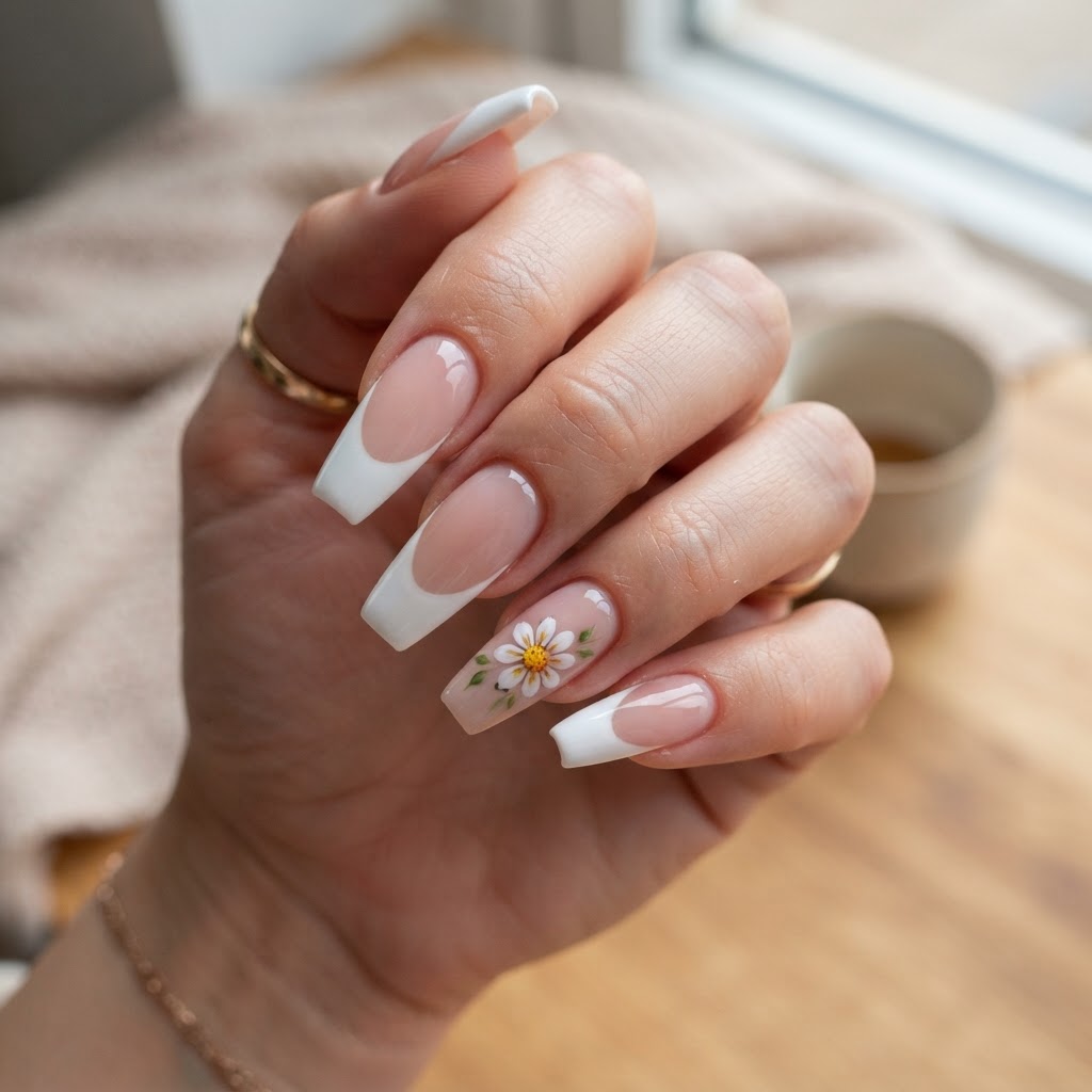 Classic French tip coffin nails with a subtle, chic daisy accent.