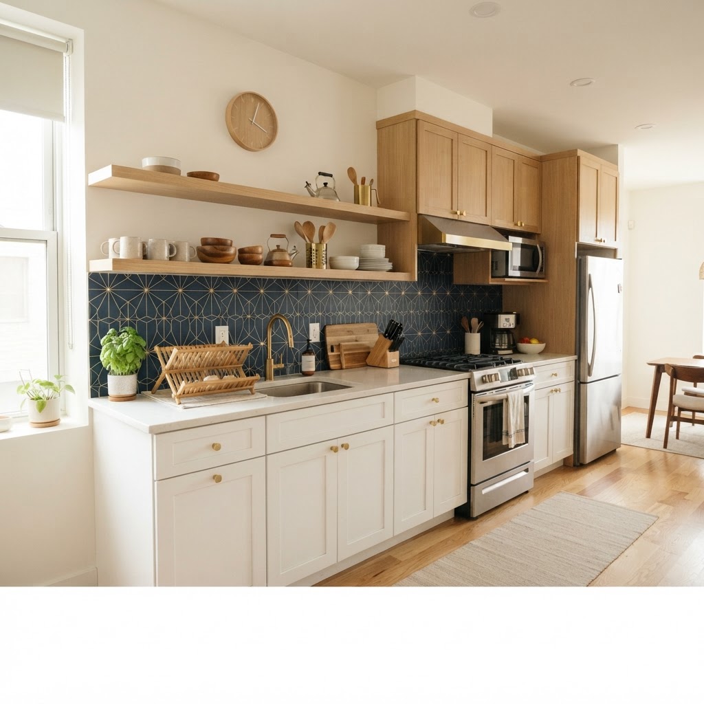 Bold patterns make a small kitchen feel like a high-end design project.