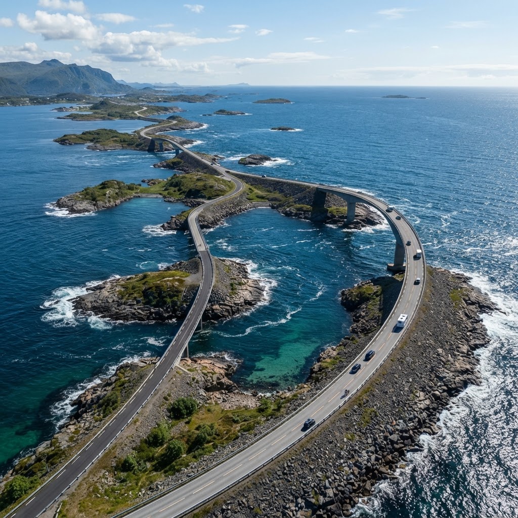 An aerial perspective of the winding Atlantic Ocean Road.