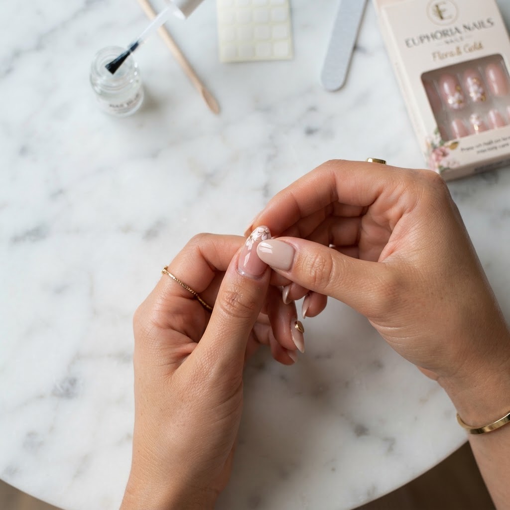 Applying press-on nails with precision for a seamless finish.