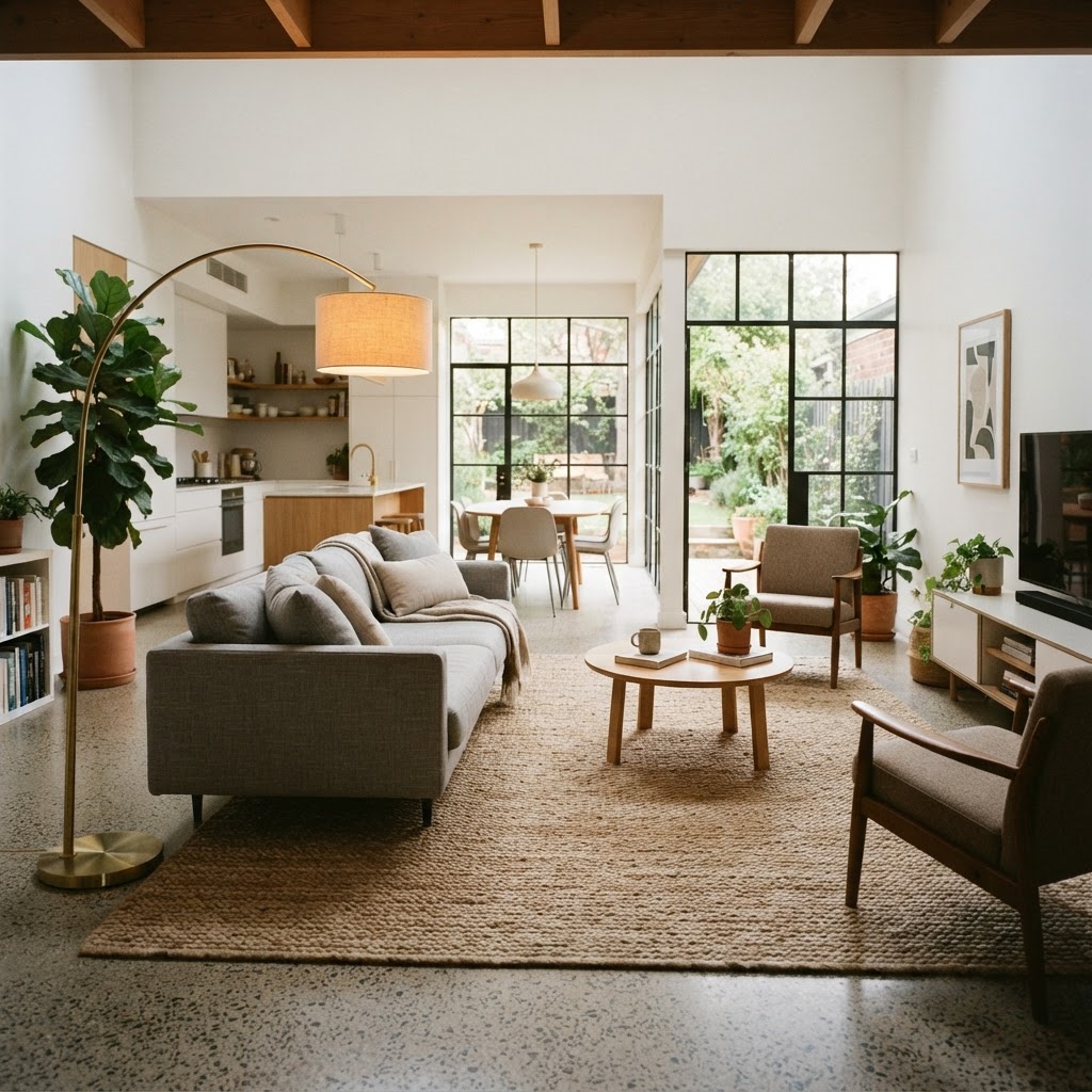 Floating furniture helps define distinct zones in open apartments.