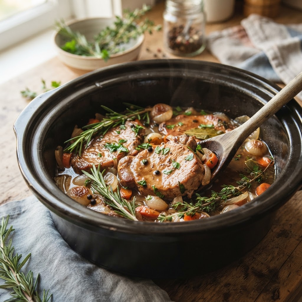 Tender, slow-cooked boneless pork chops ready to be served.