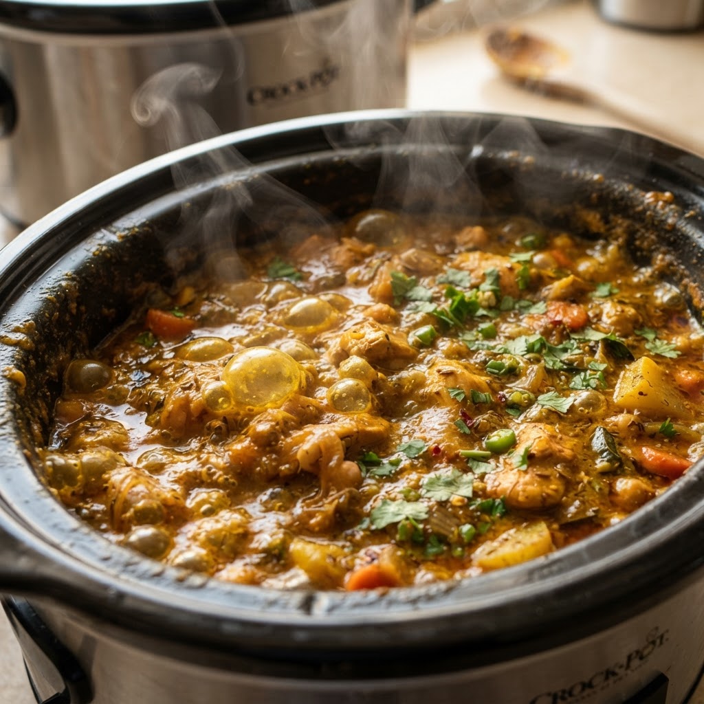 The rich, vibrant sauce develops deep flavors during the slow cooking process.