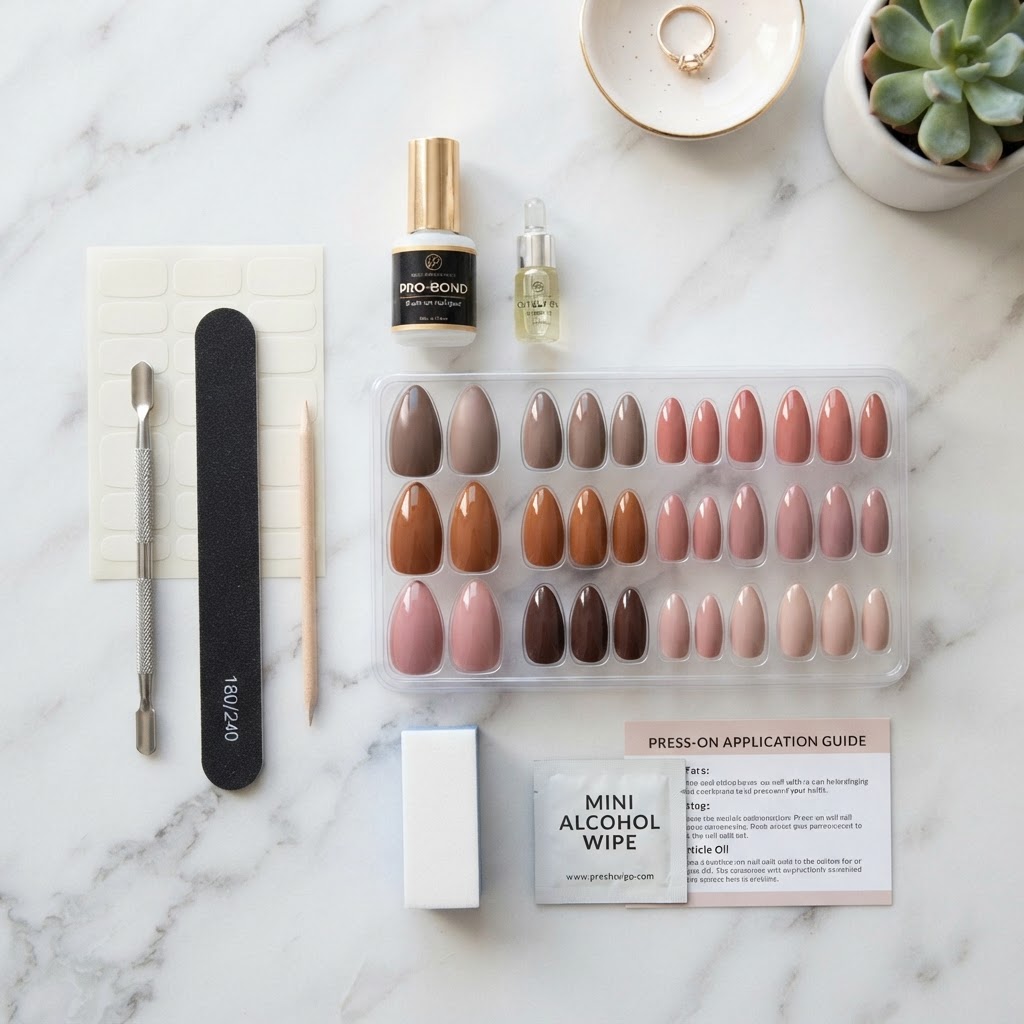 Essential tools and supplies for applying your perfect DIY press-on set.
