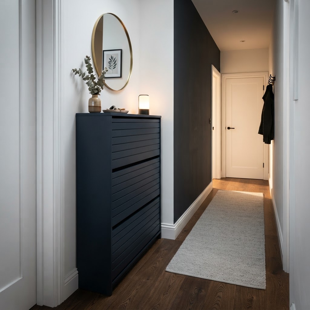 Vertical storage is essential for maximizing narrow hallway space.