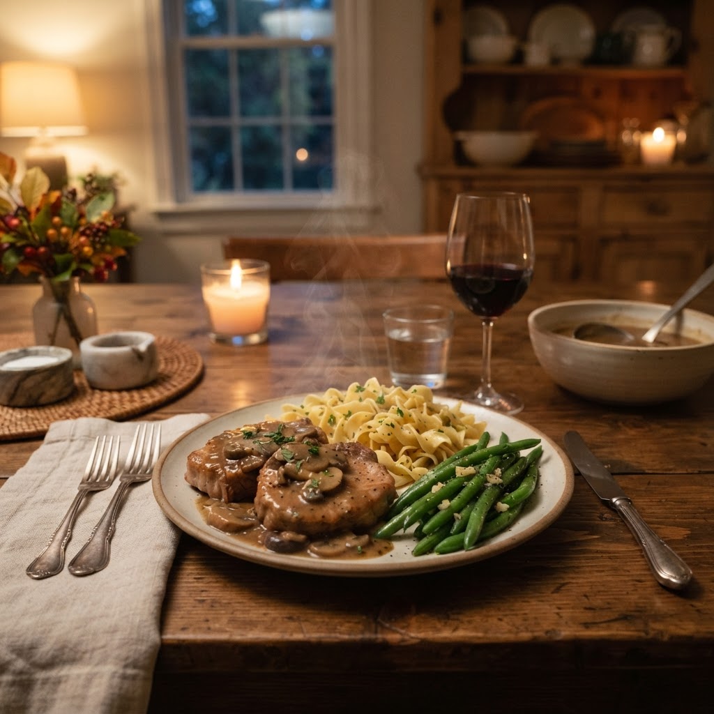 A complete dinner featuring slow cooker pork chops and sides.