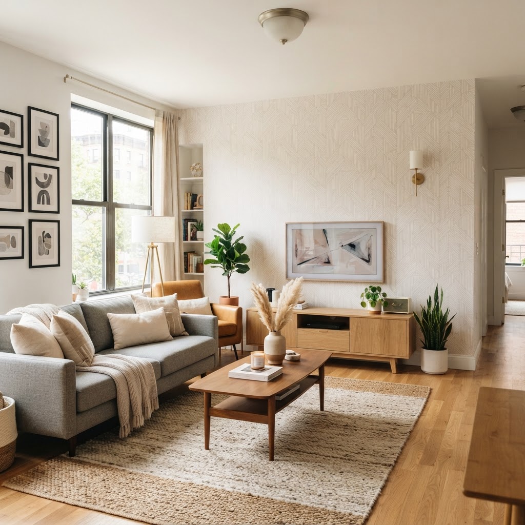 Peel-and-stick wallpaper adds an immediate touch of luxury to plain rental walls.