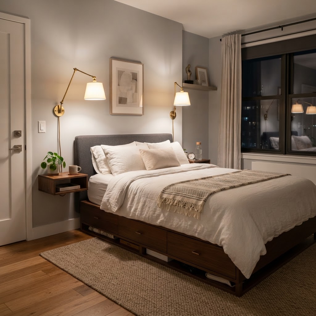 Maximizing space with smart under-bed storage and warm lighting.