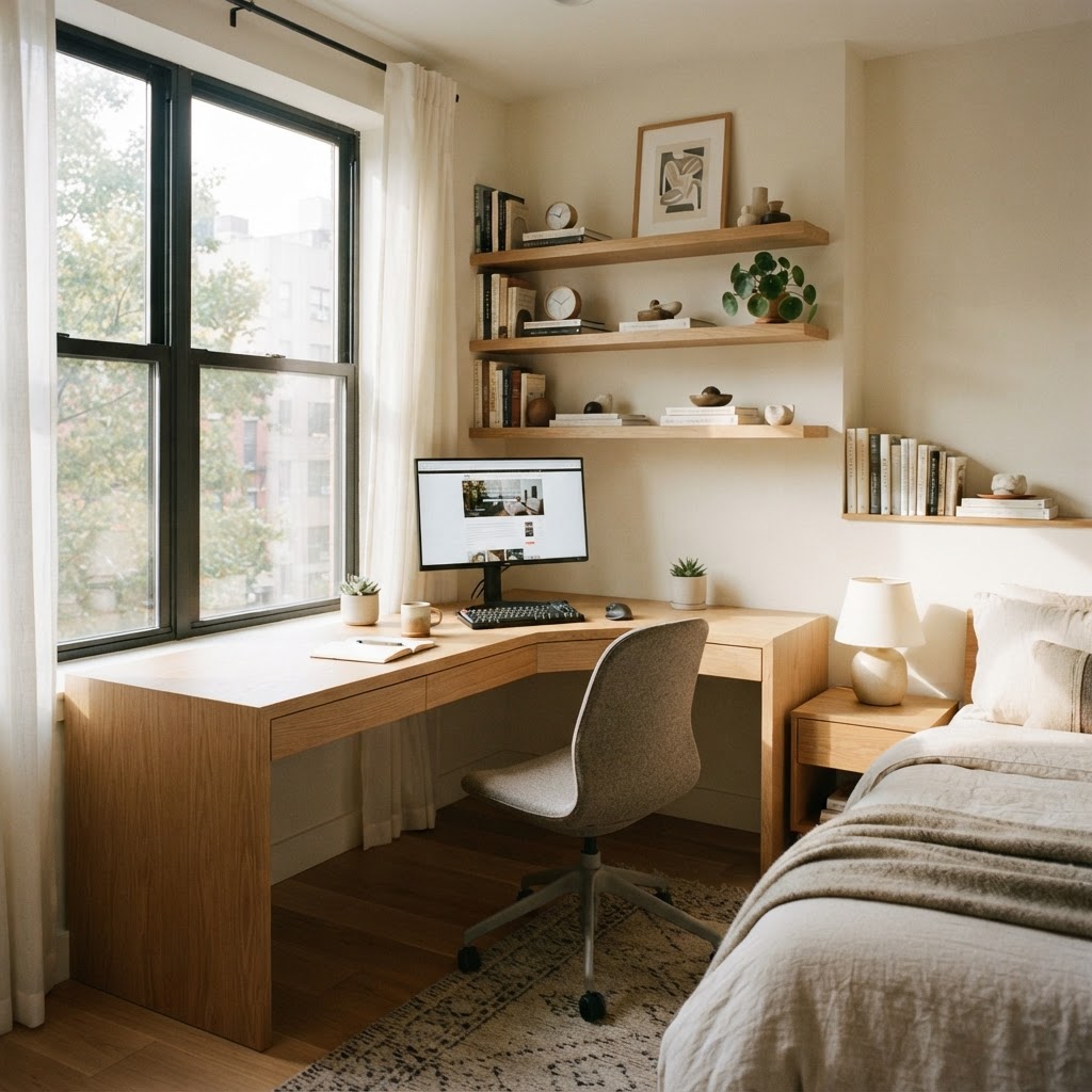 L-shaped desk turns a dead corner into a home office.