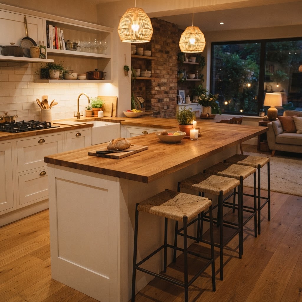 Kitchen islands with extending leaves double as prep and dining areas.