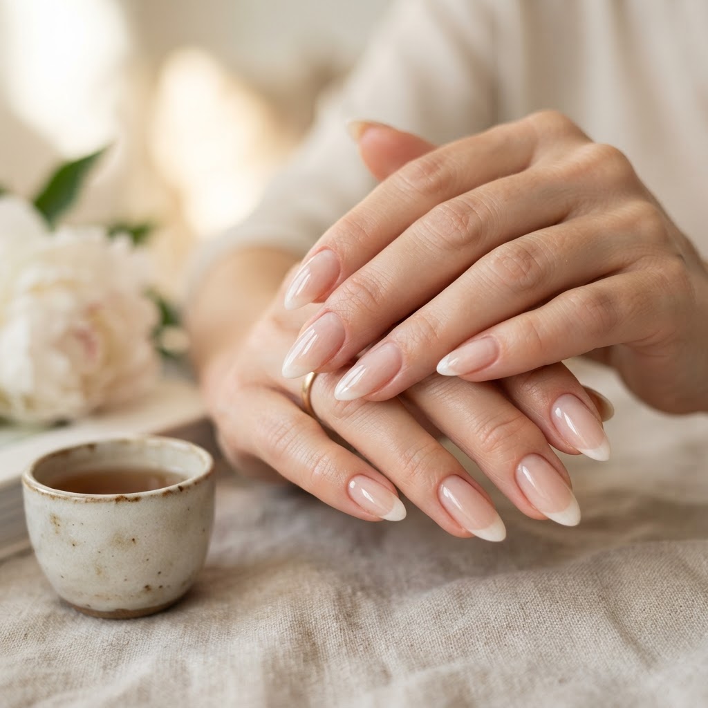 Healthy, well-maintained almond-shaped nails.