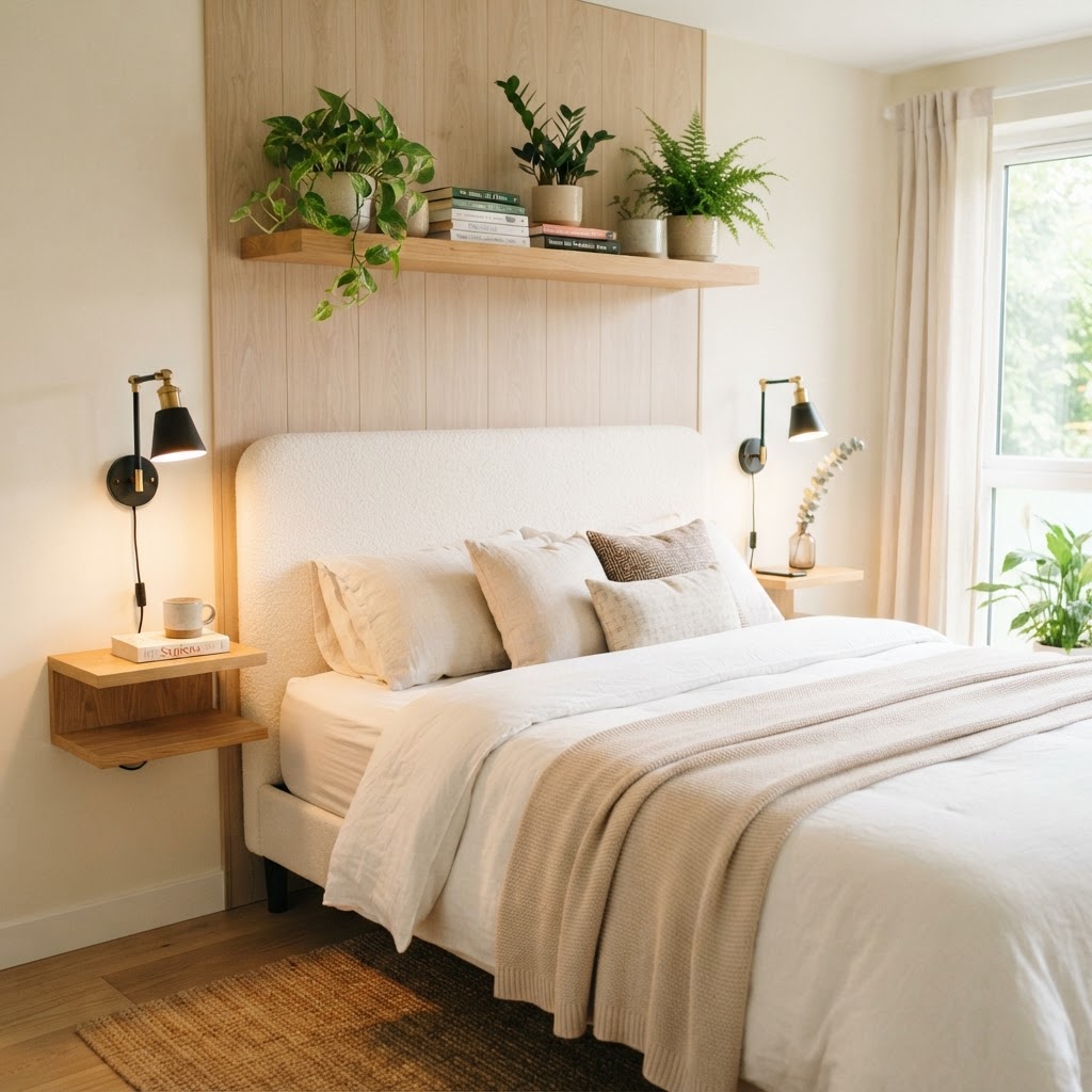 Wall-mounted lights and shelves save precious floor space.