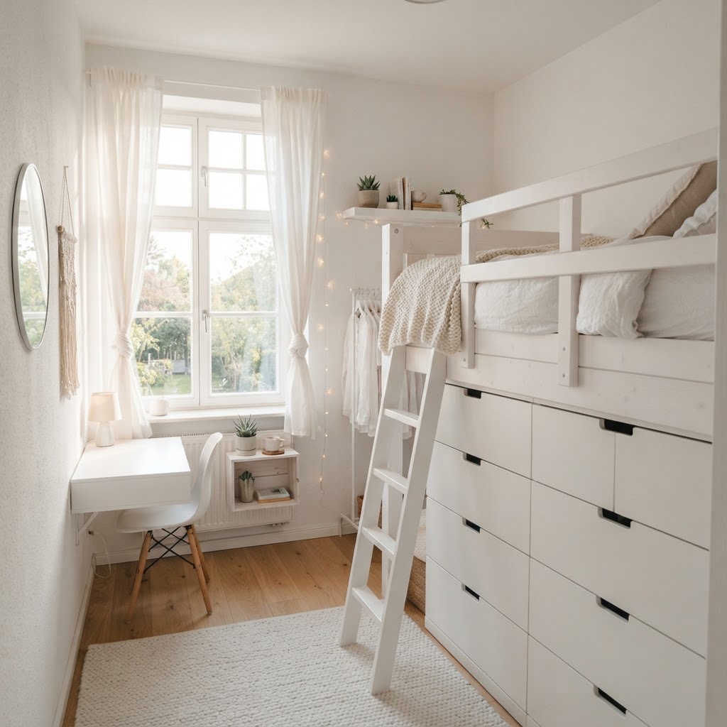 Maximize your footprint by choosing furniture with hidden storage, like this platform bed with deep drawers.