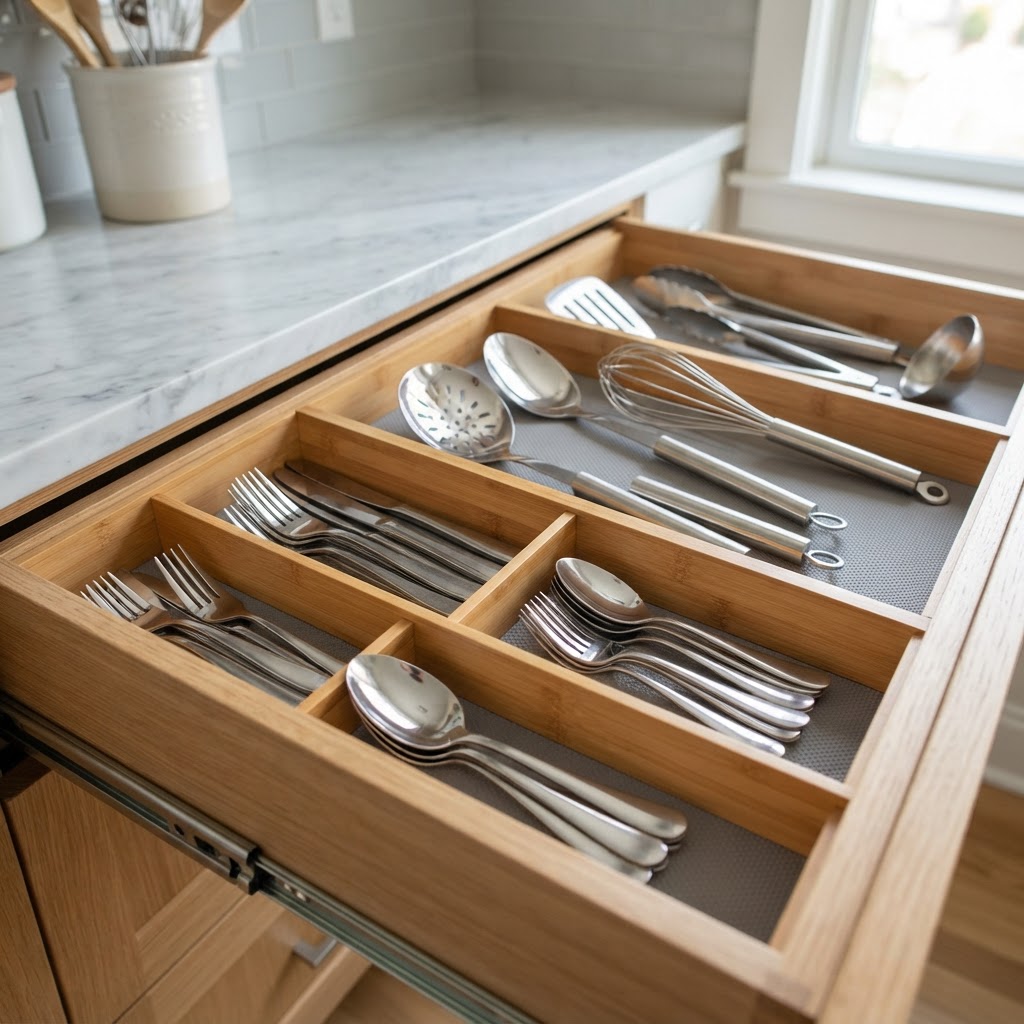 Bamboo drawer dividers keep utensils in place.