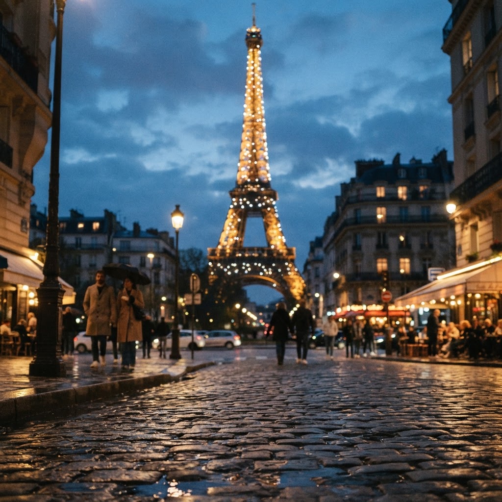 A romantic street-level view of the glowing tower.