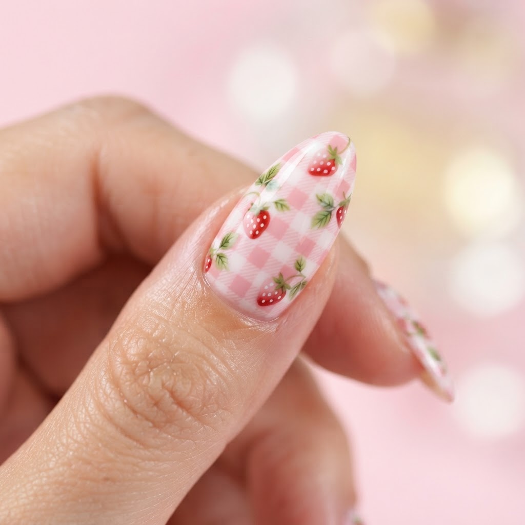 Strawberry gingham nail art detail.