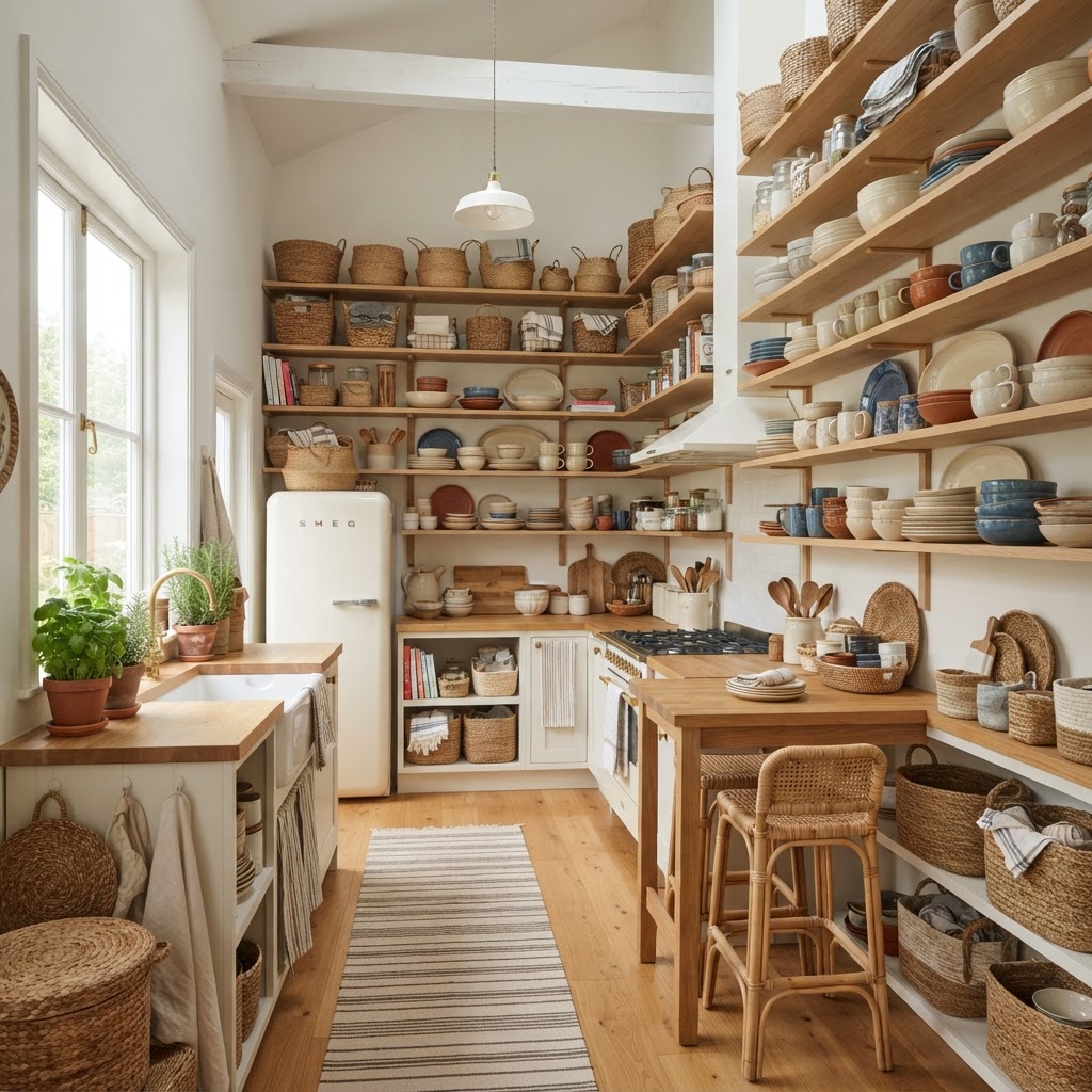 Use vertical shelving to draw the eye upward and add storage.